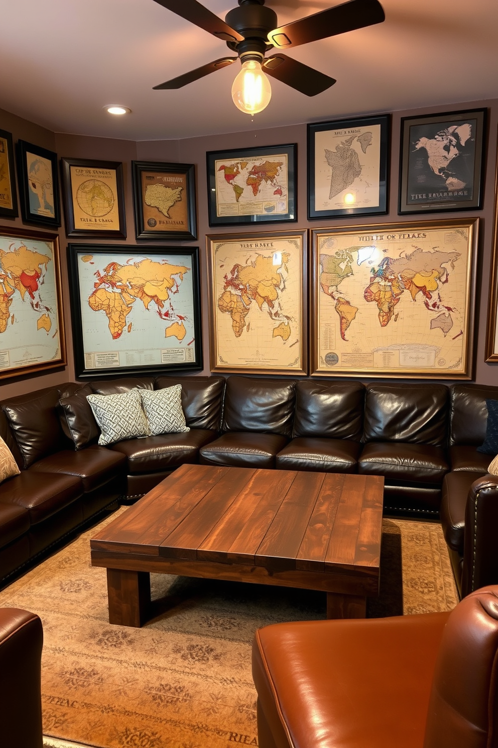 A cozy man cave featuring vintage maps as wall art. The room is adorned with leather furniture, a reclaimed wood coffee table, and warm ambient lighting. The walls are painted in deep earthy tones, creating a welcoming atmosphere. A vintage globe and a collection of antique books are displayed on a nearby shelf, adding character to the space.