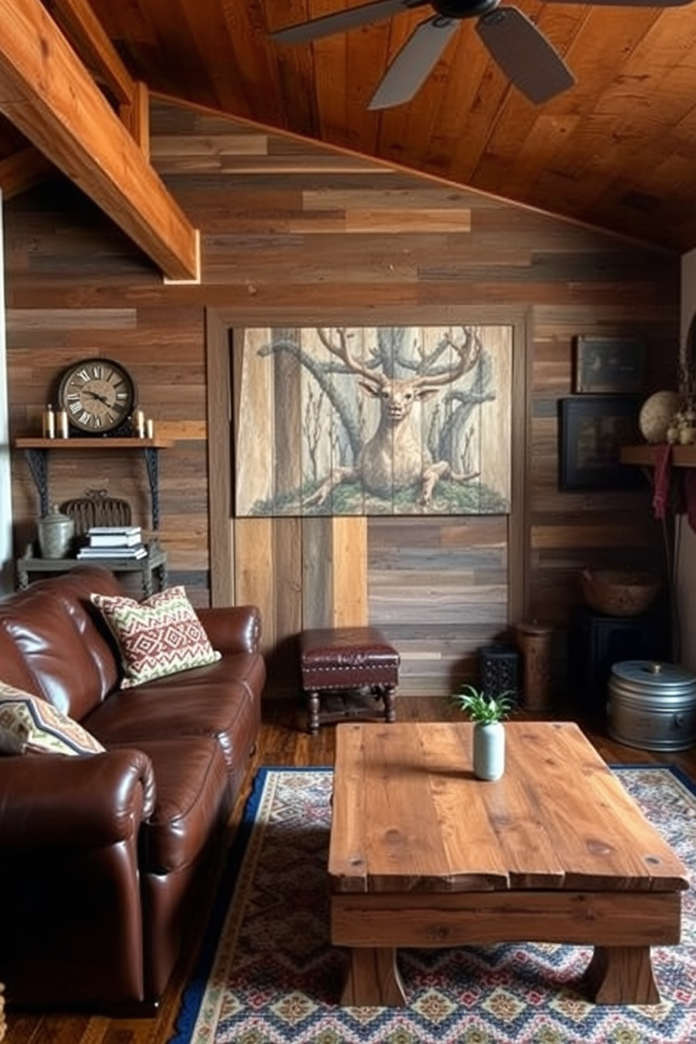 Vintage hunting decor on the walls creates an inviting atmosphere filled with character. Antler mounts and framed wildlife prints are complemented by rich wood paneling and warm lighting. The rustic man cave design features a large leather sofa and a reclaimed wood coffee table. A stone fireplace serves as the focal point, surrounded by comfortable seating and vintage hunting memorabilia.