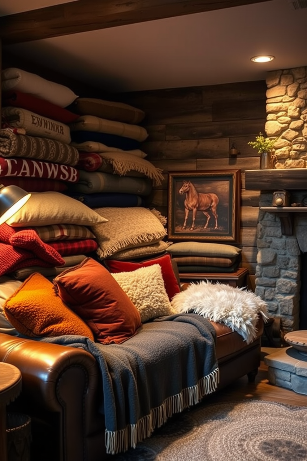 A cozy corner features an assortment of soft blankets and plush pillows in various textures and colors. The space is illuminated by warm lighting, creating an inviting atmosphere perfect for relaxation. The rustic man cave design includes reclaimed wood accents and vintage decor elements. A comfortable leather sofa is positioned near a stone fireplace, enhancing the rugged charm of the room.