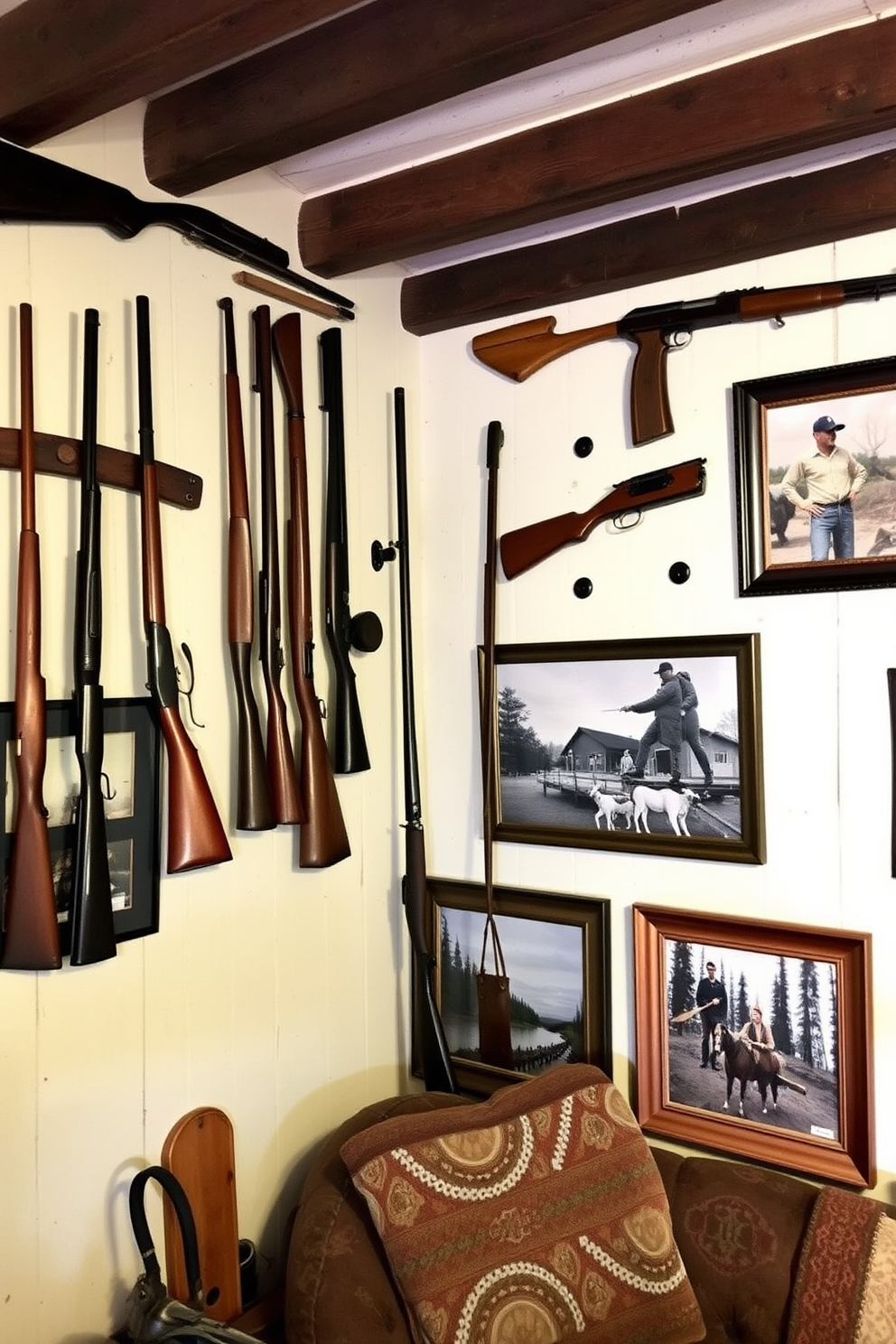 A rustic man cave featuring antique hunting gear as wall decor. The walls are adorned with vintage rifles, fishing rods, and framed photographs of outdoor adventures, creating a nostalgic atmosphere.