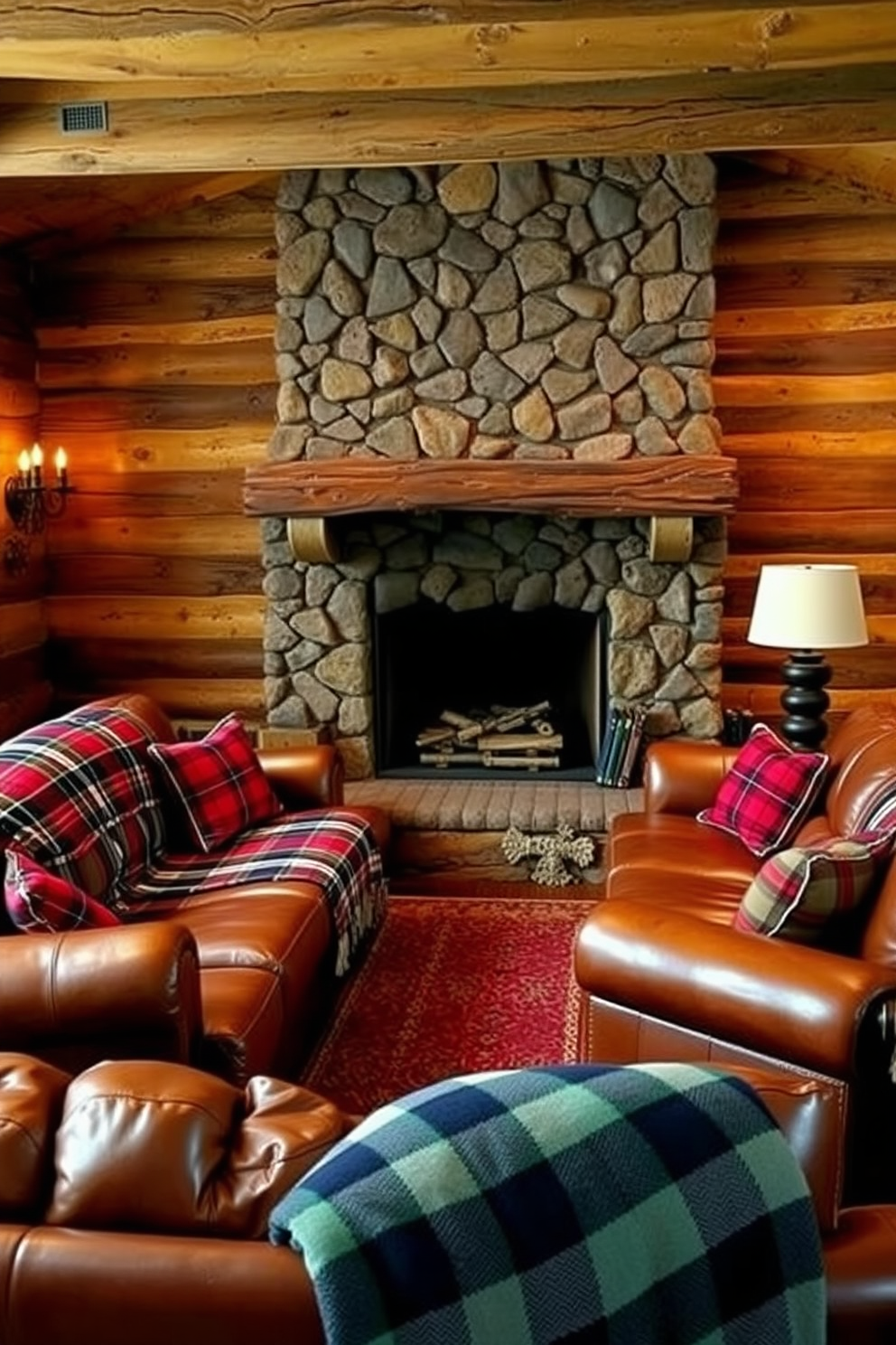 A cozy man cave featuring leather sofas adorned with plaid throw blankets. The walls are lined with reclaimed wood, and a large stone fireplace serves as the focal point of the room.