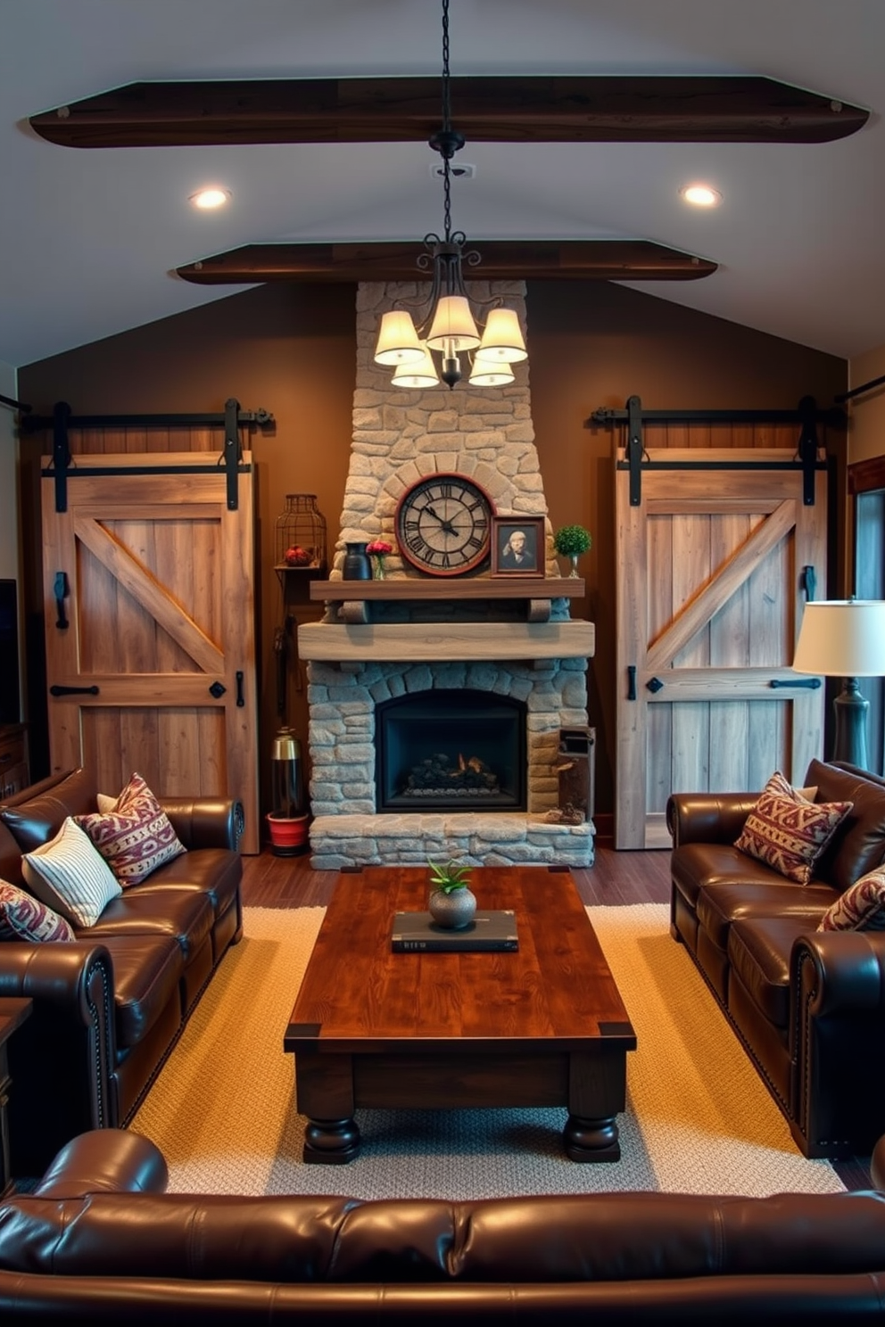 A cozy man cave featuring old barn doors as room dividers creates a warm and inviting atmosphere. The space is adorned with leather furniture, a large wooden coffee table, and vintage decor elements that enhance the rustic charm. Soft lighting fixtures hang from the ceiling, casting a warm glow over the room. A stone fireplace serves as a focal point, surrounded by comfortable seating for a perfect gathering spot.