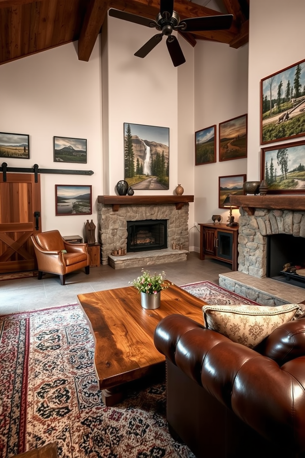 A cozy man cave featuring nature-inspired artwork on the walls. The space includes a large leather sofa, a reclaimed wood coffee table, and a stone fireplace, creating a warm and inviting atmosphere. Rustic design elements are highlighted with exposed wooden beams and a barn door entrance. Vintage photographs of outdoor landscapes adorn the walls, enhancing the natural theme of the room.