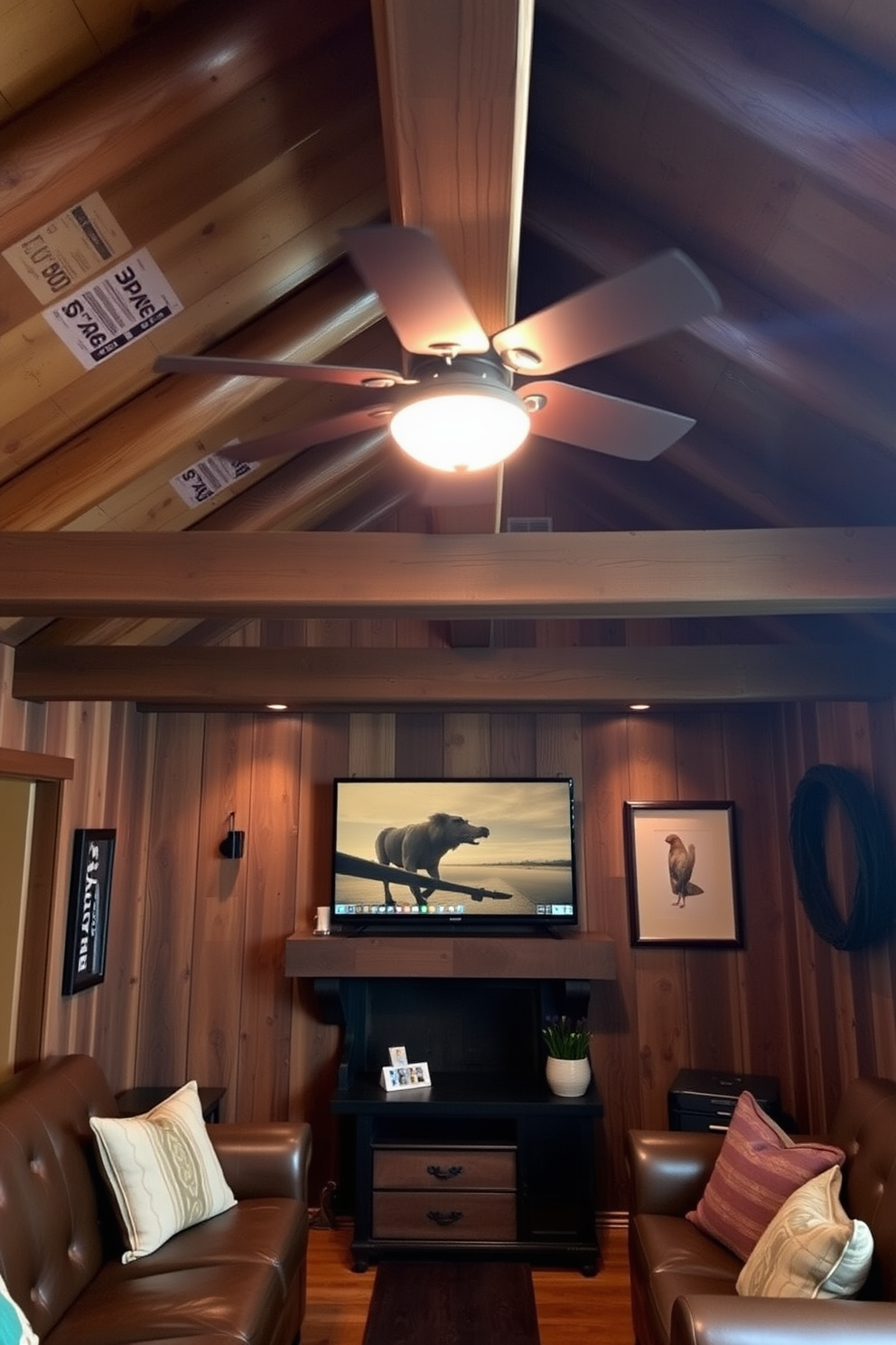 A cozy man cave featuring exposed wooden beams that create a warm and inviting atmosphere. The walls are adorned with reclaimed wood panels, and a large stone fireplace serves as the focal point of the room. Comfortable leather sofas are arranged around a rustic coffee table made from a thick slab of wood. Vintage decor items, including an antique clock and framed photographs, enhance the cabin feel while adding personal touches.