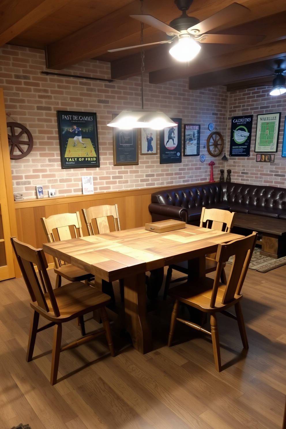 A rustic dining table made of reclaimed wood sits at the center of a cozy room. Surrounding the table are mismatched chairs, each with its own unique character, creating an inviting atmosphere for game nights. The man cave features exposed brick walls and warm wood accents throughout. A comfortable leather sectional sofa is arranged around a rustic coffee table, with vintage game posters adorning the walls.