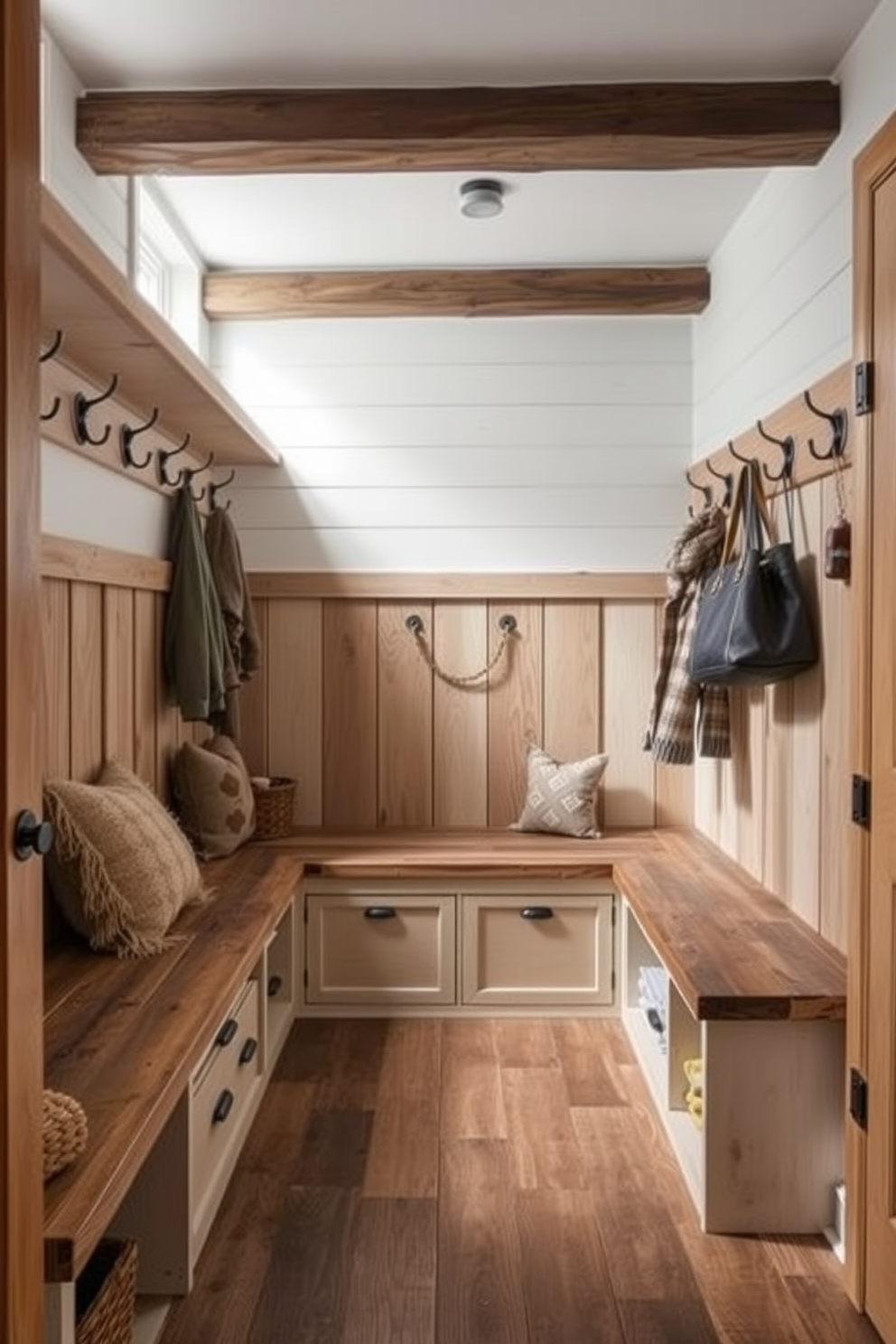 A rustic mudroom featuring wooden benches with ample storage underneath. The benches are adorned with cozy cushions, and the walls are lined with hooks for hanging coats and bags.