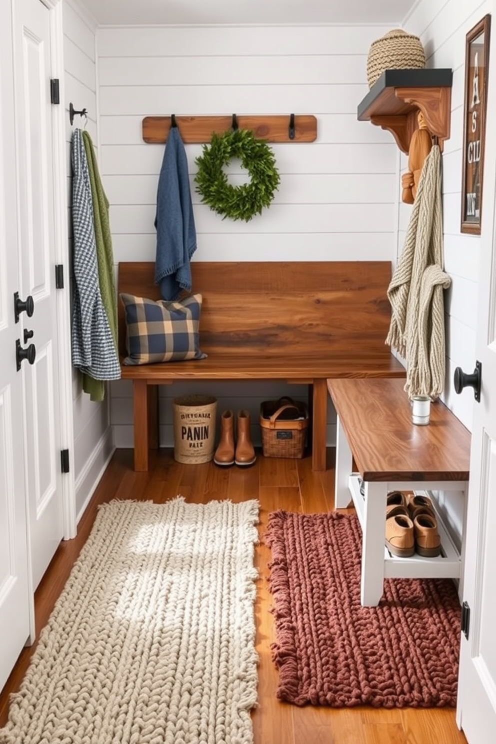 A rustic mudroom features woven baskets neatly arranged on open shelves, providing a charming solution for organized clutter. The space is adorned with natural wood accents, a bench for seating, and hooks for hanging coats, creating a warm and inviting atmosphere.