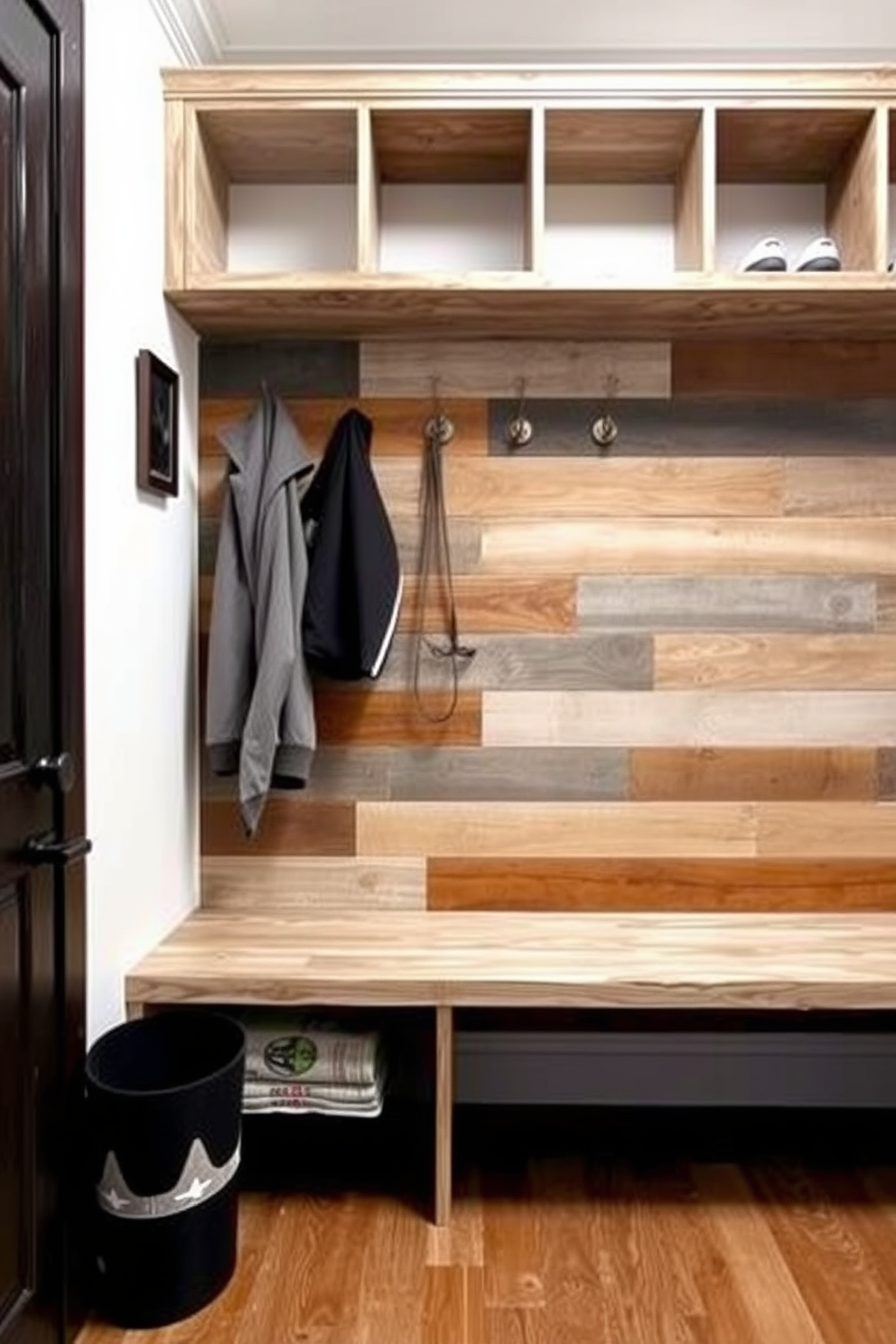 A rustic mudroom island features a large wooden countertop with ample space for sorting shoes and bags. Below the countertop, open shelving displays woven baskets for storage, while a coat rack made of reclaimed wood lines the wall above.