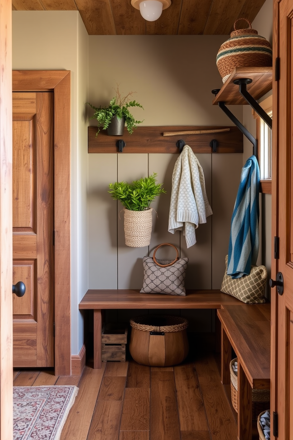 A rustic bench with cushion seating is positioned against a wall adorned with reclaimed wood. The bench features a warm, earthy tone and is complemented by plush cushions in muted colors for added comfort. In the mudroom, a combination of hooks and shelves made from natural wood provides ample storage for coats and shoes. The flooring is a durable tile that mimics the look of weathered stone, enhancing the rustic charm of the space.