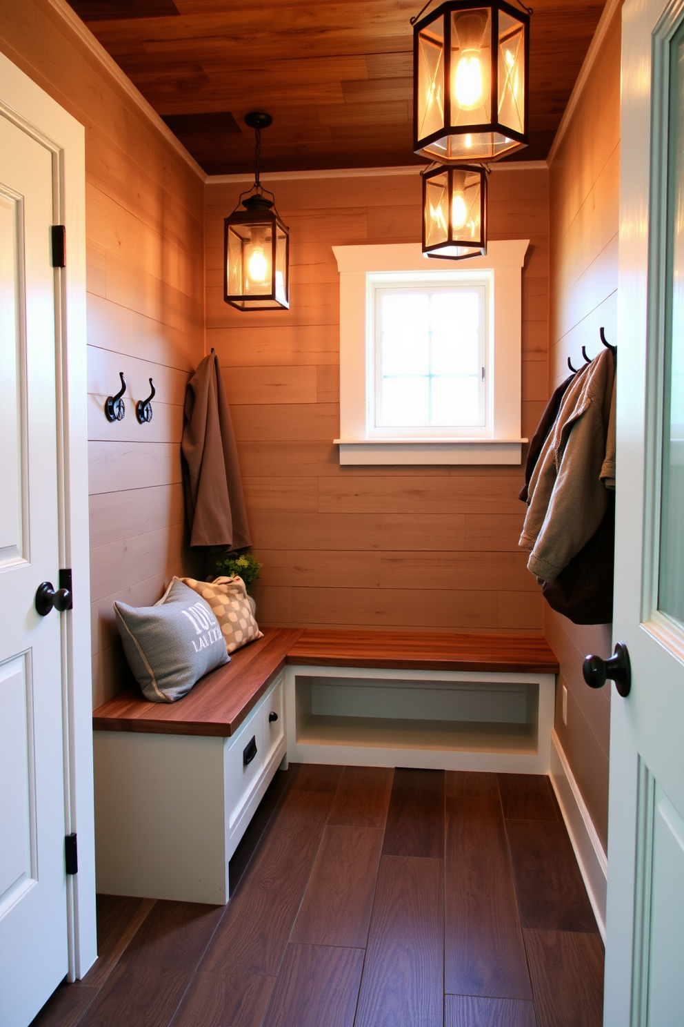 A cozy mudroom featuring rustic lanterns for ambient lighting. The space includes a wooden bench with storage underneath and hooks on the walls for hanging coats and bags. The flooring is made of reclaimed wood, adding warmth to the design. Natural light filters in through a small window, enhancing the inviting atmosphere.