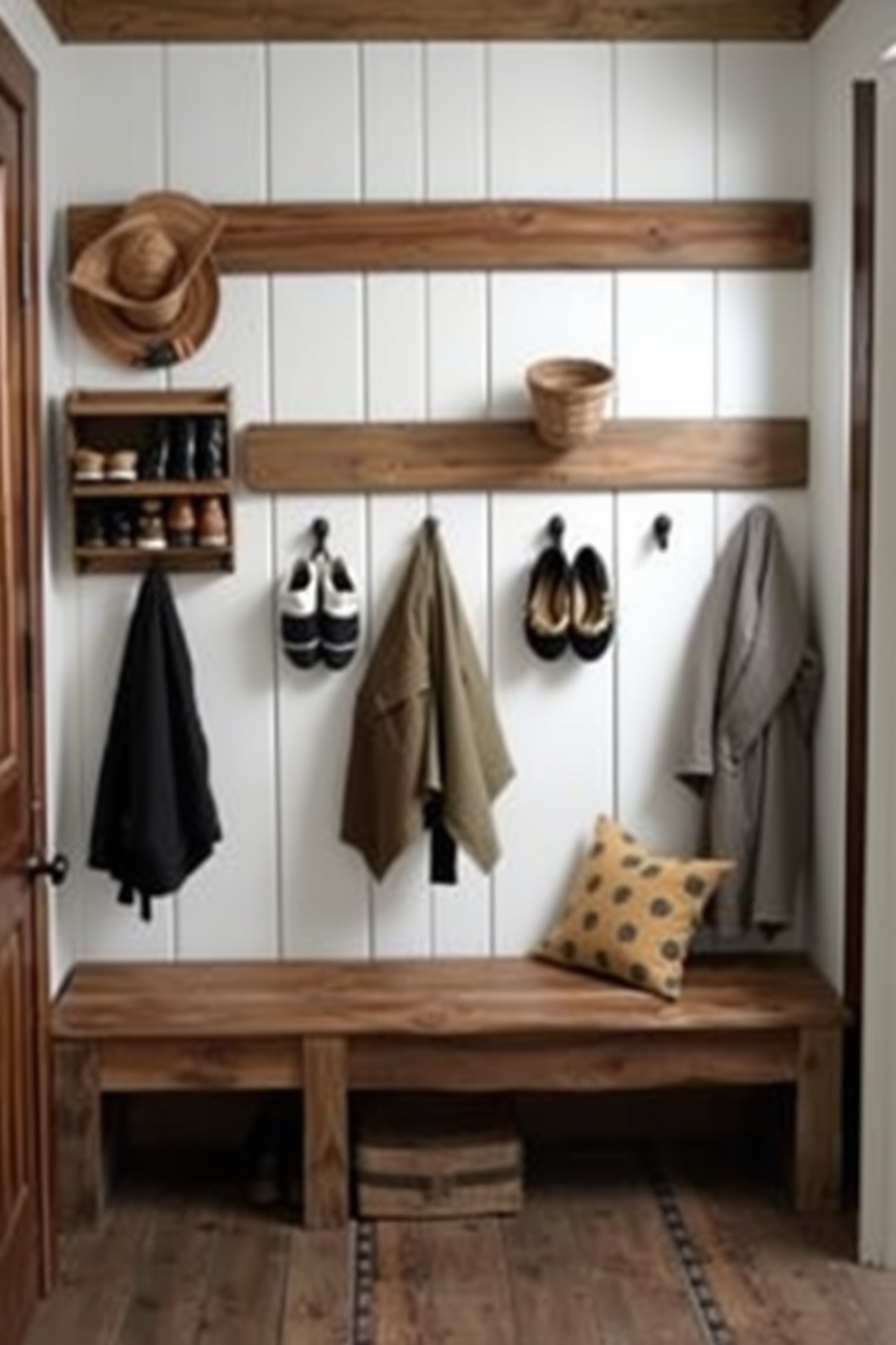 A rustic mudroom features wall-mounted shoe organizers made from reclaimed wood for a charming and efficient storage solution. The space is adorned with hooks for coats and a bench for sitting, creating a welcoming entryway.