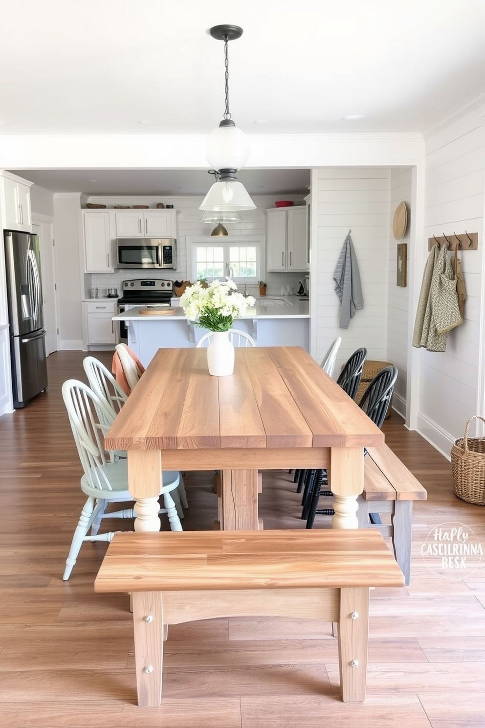 A farmhouse-style table made of reclaimed wood sits in the center of a spacious kitchen. It features a natural finish and is surrounded by mismatched vintage chairs, creating a warm and inviting atmosphere. The rustic mudroom design includes shiplap walls painted in soft white, with a bench made from weathered wood. Hooks for coats and a woven basket for shoes complete the cozy and functional space.