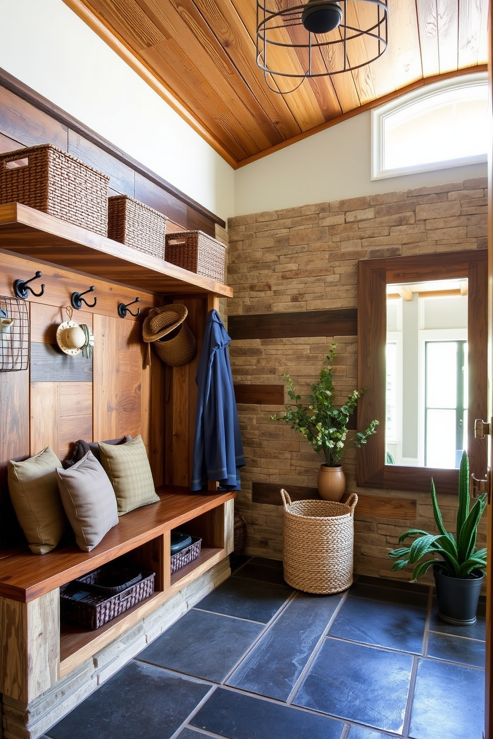 A rustic mudroom features a combination of reclaimed wood and natural stone, creating a warm and inviting entryway. The space includes built-in benches with plush cushions, hooks for coats, and a large rustic mirror that enhances the natural light. The mudroom is designed with earthy tones and textured materials, such as a rough-hewn wood ceiling and slate flooring. Decorative elements like woven baskets and potted plants add personality and functionality to the space.