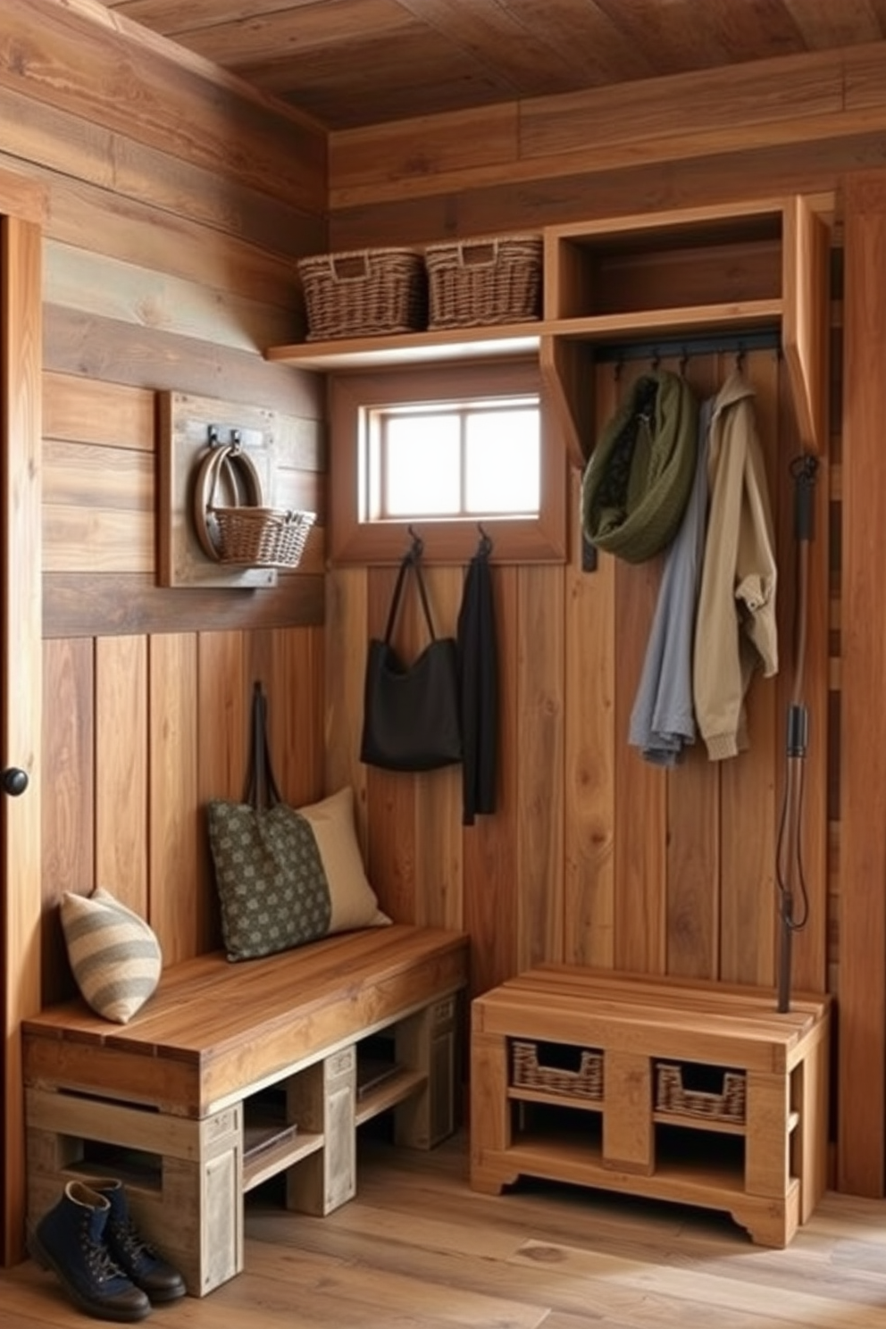 A rustic mudroom features pallet wood accents throughout the space, creating a warm and inviting atmosphere. The walls are adorned with reclaimed wood panels, while a sturdy bench made from pallet wood provides a perfect spot for removing shoes. Storage solutions include open shelves made from the same pallet wood, displaying woven baskets for organization. A large coat rack, crafted from rustic wood, hangs near the entrance to keep outerwear neatly arranged.