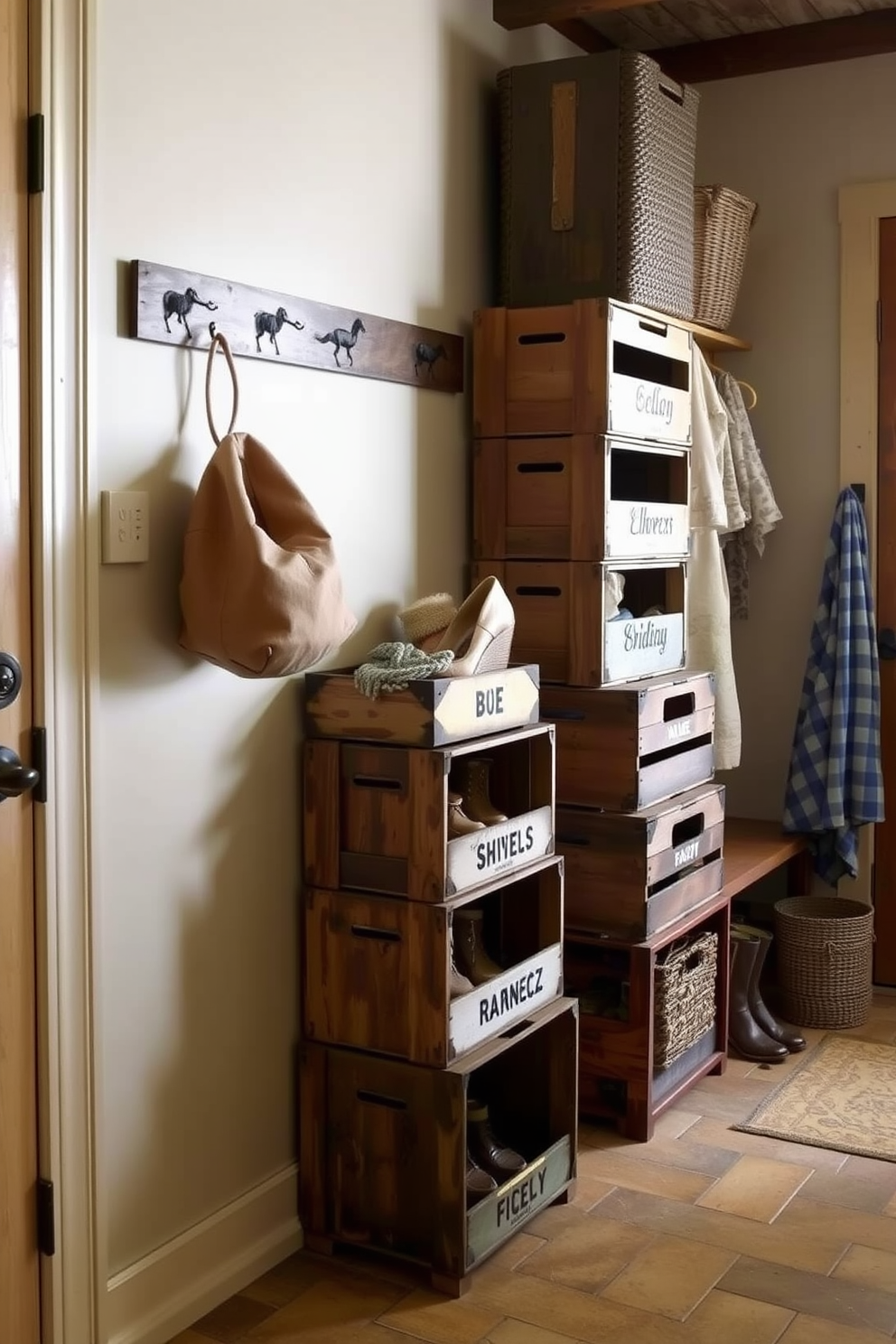 A rustic mudroom features vintage wooden crates stacked against the wall, providing decorative storage for shoes and outdoor gear. The space is adorned with a warm color palette, showcasing earthy tones and natural materials that enhance its inviting atmosphere.