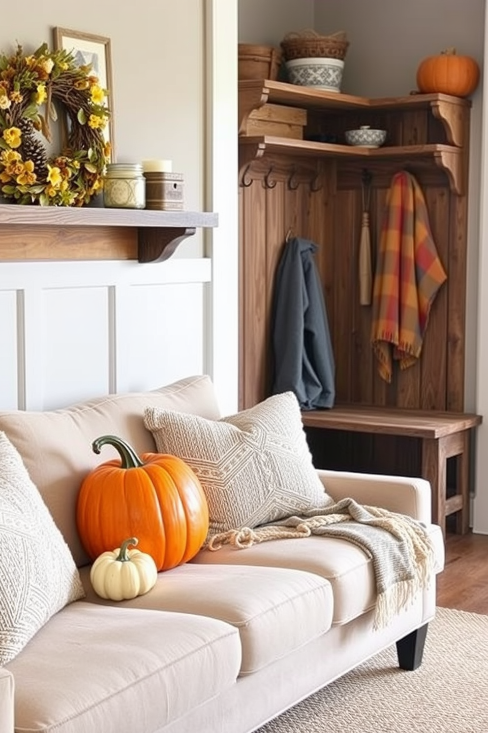 Seasonal decor to refresh space. Incorporate warm autumn hues with decorative pumpkins and cozy throws on a neutral sofa. Rustic mudroom design ideas. Use reclaimed wood for shelving and a bench, paired with vintage hooks for a charming yet functional entryway.