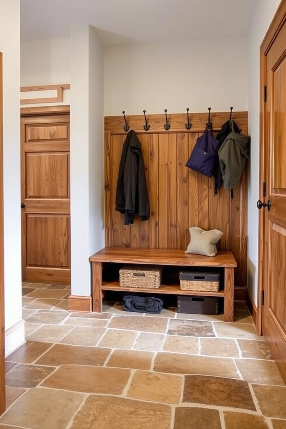 A rustic mudroom design featuring a combination of open and closed storage solutions. The space includes a wooden bench with built-in cubbies for shoes and a series of hooks above for coats and bags. On one side, a tall cabinet with sliding barn doors offers concealed storage for cleaning supplies and outdoor gear. The walls are adorned with shiplap, and the floor is covered in a durable, weathered tile for easy maintenance.