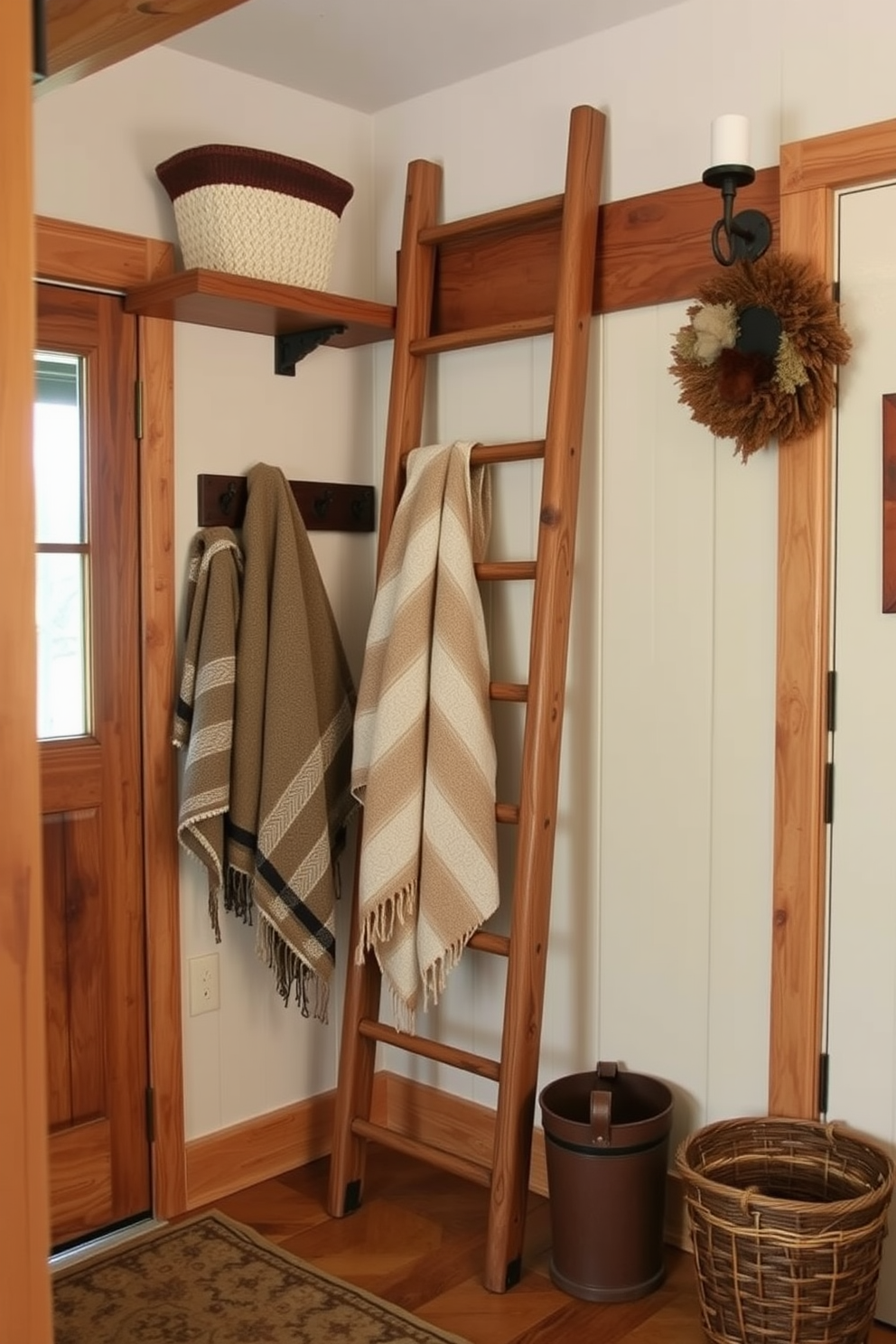 A rustic mudroom features a combination of reclaimed wood and natural stone elements. The walls are adorned with decorative hooks that showcase personal flair, allowing for easy organization of coats and bags. The flooring consists of durable tiles that can withstand heavy foot traffic, complemented by a cozy bench for seating. Soft lighting fixtures create a warm and inviting atmosphere, perfect for transitioning from the outdoors.