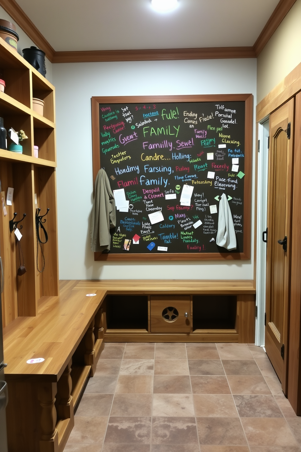 A corkboard wall filled with colorful family messages and notes creates a warm and inviting atmosphere. The space features a rustic mudroom with wooden benches, hooks for coats, and a durable tile floor that complements the natural wood accents. The mudroom is designed with a combination of open shelving and closed cabinets for storage. Soft lighting illuminates the area, highlighting the corkboard wall as a central feature for family communication.