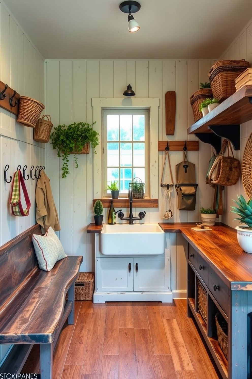 A charming mudroom nook features a built-in bench with plush cushions and a warm throw blanket draped over one side. The walls are adorned with shiplap, and hooks for coats and bags are neatly arranged above the bench, creating an inviting and functional space. Natural light floods the area through a small window, illuminating the rustic wood flooring. Potted plants are placed on the bench, adding a touch of greenery and enhancing the cozy atmosphere.