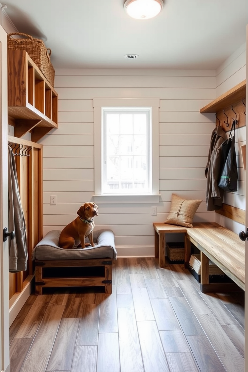 A charming rustic mudroom features a vintage trunk positioned against the wall, perfect for storing seasonal items. The space is adorned with wooden hooks for coats and a bench made of reclaimed wood, creating a warm and inviting atmosphere.