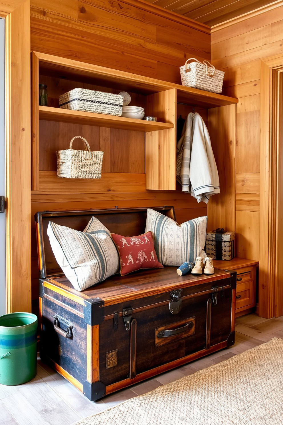 A vintage trunk serves as a stylish seating option, adorned with plush cushions for added comfort. The trunk is placed against a backdrop of warm wooden walls, creating a cozy and inviting atmosphere. For the rustic mudroom design, natural wood cabinetry with open shelving provides ample storage for outdoor gear. The floor features reclaimed wood planks, while a woven rug adds texture and warmth to the space.