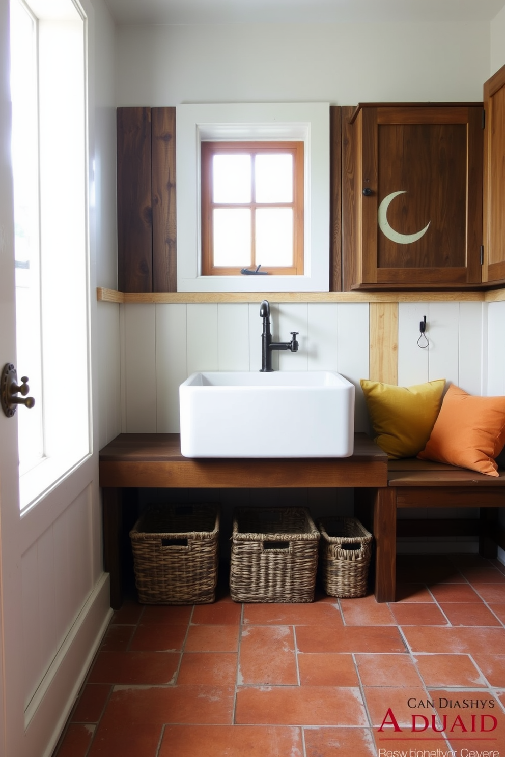 A charming mudroom features a large farmhouse sink made of white porcelain, set against a backdrop of reclaimed wood cabinetry. The floor is adorned with rustic terracotta tiles, and a collection of woven baskets is neatly arranged beneath the sink for storage. Natural light floods the space through a window with a simple wooden frame, illuminating the earthy tones of the decor. A sturdy wooden bench sits against the wall, adorned with plush cushions in warm, inviting colors.