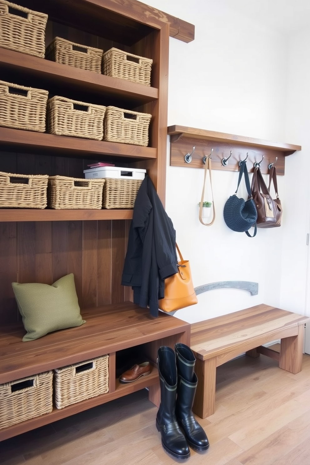 A rustic mudroom features woven baskets arranged on wooden shelves for organized storage. The space includes a sturdy bench made from reclaimed wood and hooks for hanging coats and bags.