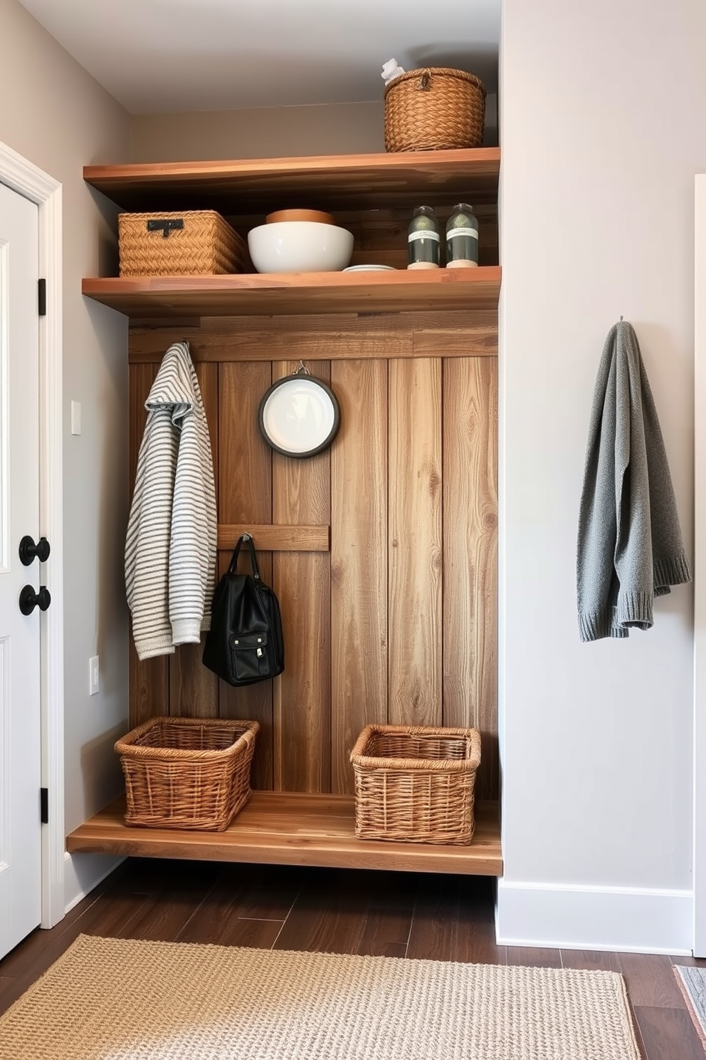 A rustic mudroom features open shelving made from reclaimed wood, providing easy access to everyday items. The space is adorned with a combination of natural textures, including a jute rug and wicker baskets for storage.