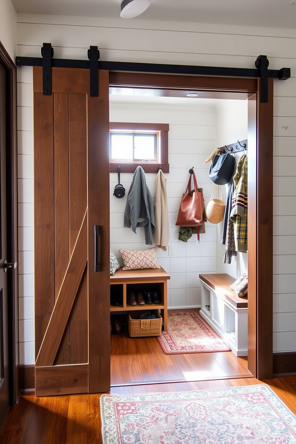 A rustic mudroom features a sturdy wooden console table with a weathered finish. Above the console, an ornate antique mirror reflects the natural light streaming through a nearby window. The walls are adorned with hooks for coats and bags, and a woven basket sits on the floor for shoes. The flooring is a durable tile that mimics the look of reclaimed wood, adding to the cozy atmosphere.