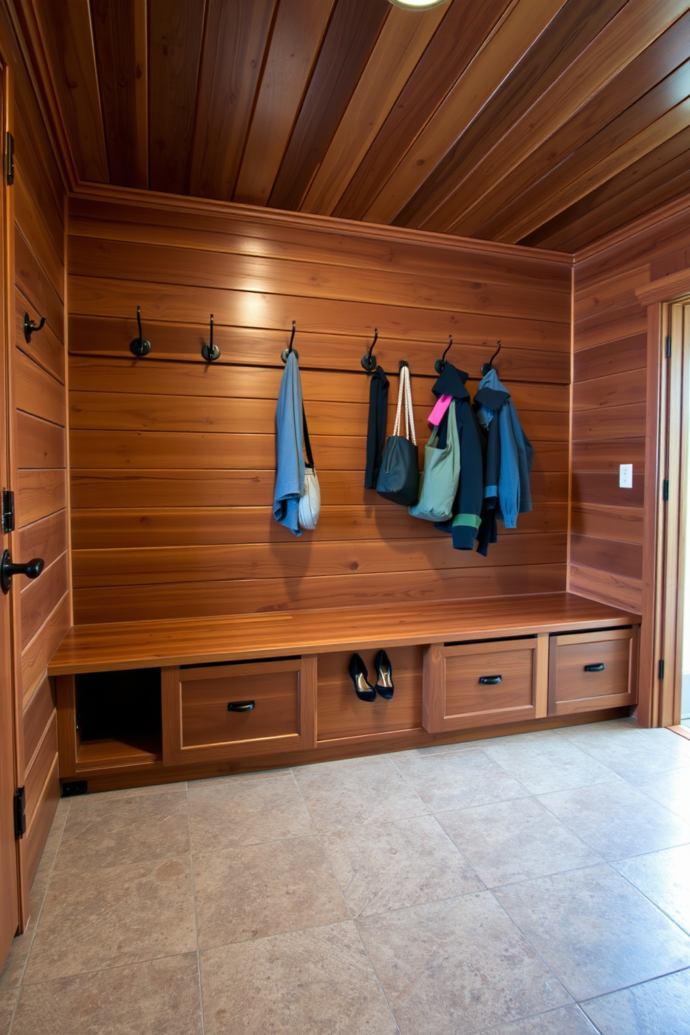 A rustic mudroom features cedar planks on the walls and ceiling, creating a warm and inviting atmosphere. The floor is adorned with large, textured tiles that provide durability and style. A wooden bench with built-in storage sits against one wall, offering a practical seating area. Hooks for coats and bags are mounted above the bench, keeping the space organized and functional.