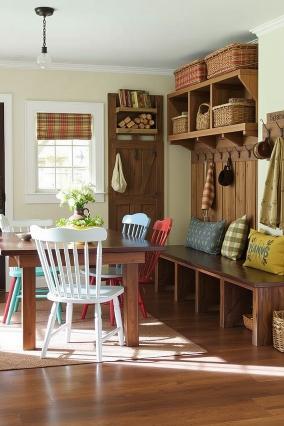 Mismatched chairs create a vibrant and eclectic atmosphere in a cozy dining space. Each chair features a unique design and color, contributing to a playful yet harmonious look. Rustic mudroom design ideas include reclaimed wood benches and open shelving for storage. A combination of vintage hooks and woven baskets adds charm and functionality to the space.