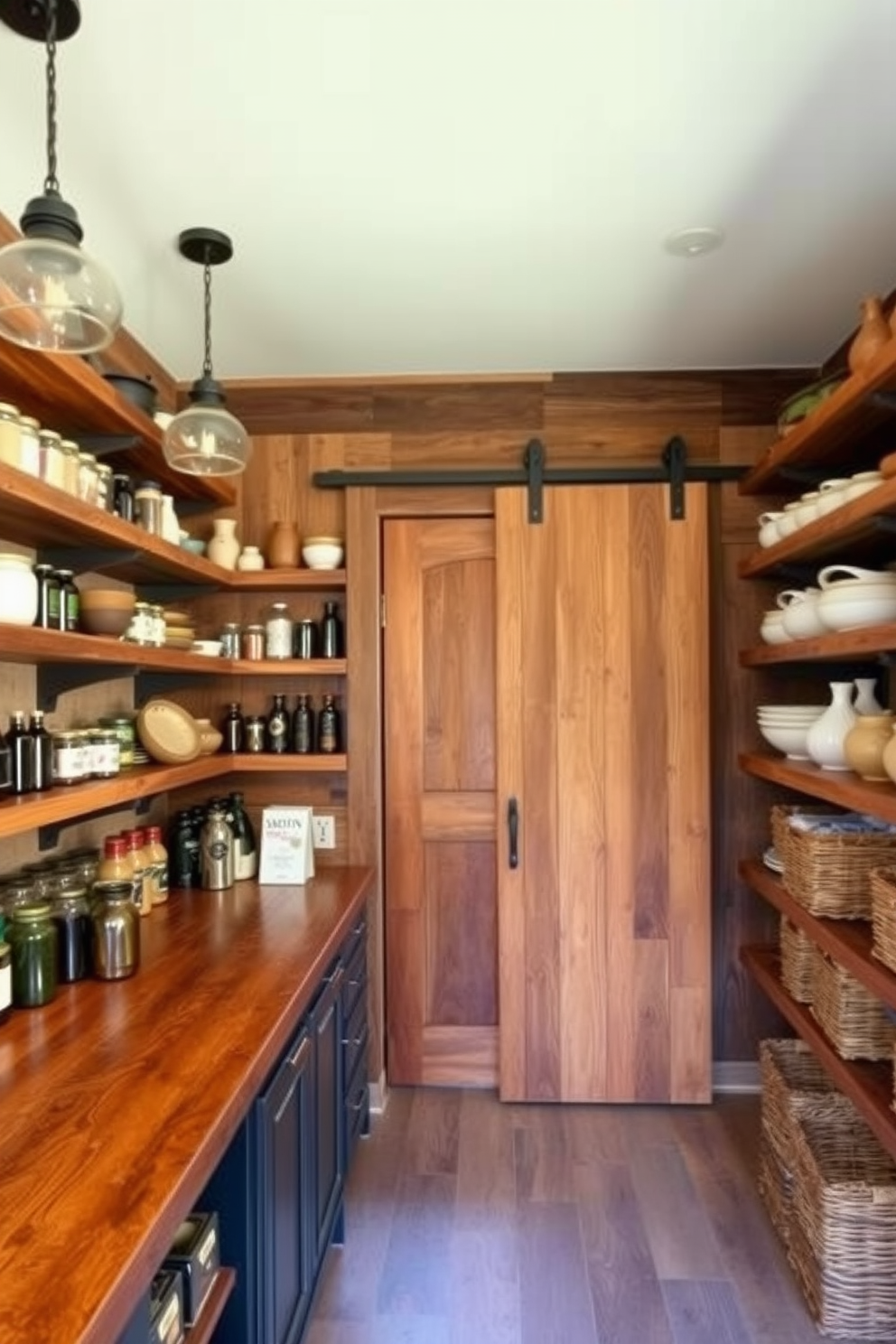 Open shelving displays an array of wooden crates filled with fresh produce and jars of homemade preserves. The walls are painted in a warm, earthy tone, complementing the natural wood of the shelves and crates. A vintage ladder leans against the shelving, providing easy access to the top crates. Soft, ambient lighting illuminates the space, enhancing the rustic charm of the pantry.