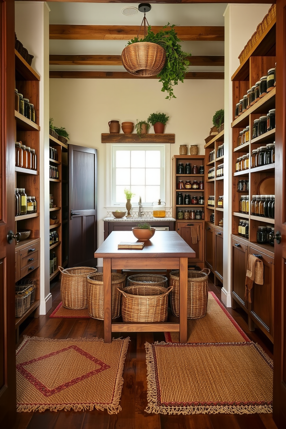 A cozy rustic pantry featuring natural fiber rugs that add warmth to the space. The pantry is adorned with wooden shelves filled with jars of preserved goods and fresh herbs, creating an inviting atmosphere. The walls are painted in a soft cream color, complementing the rich wood tones of the cabinetry. A farmhouse-style table sits in the center, surrounded by woven baskets for easy storage and accessibility.