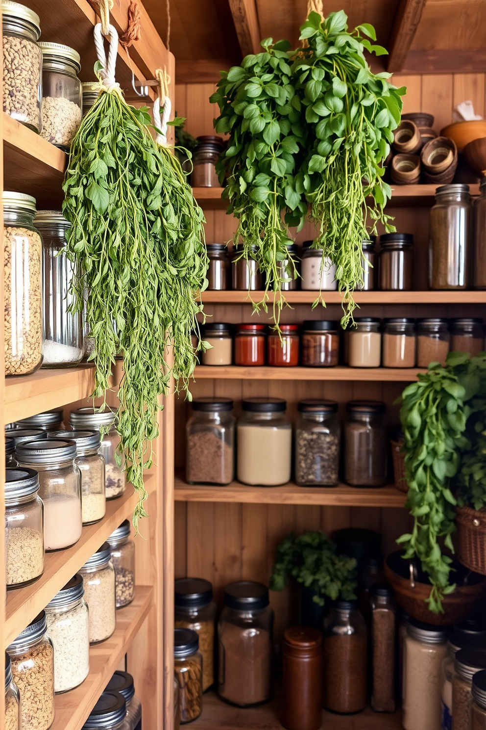 A cozy rustic pantry filled with charming metal storage containers. The shelves are lined with a variety of containers in different sizes, featuring distressed finishes that add character to the space. Natural wood accents complement the metal, creating a warm and inviting atmosphere. Soft lighting illuminates the pantry, highlighting the rustic charm and functionality of the design.