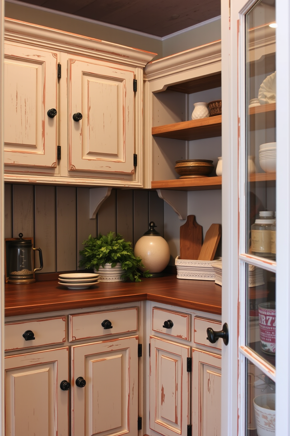 Create a rustic pantry featuring distressed cabinets with vintage hardware. The cabinets should be painted in a soft, muted color and showcase intricate detailing, complementing the warm wooden shelves and farmhouse-style decor.