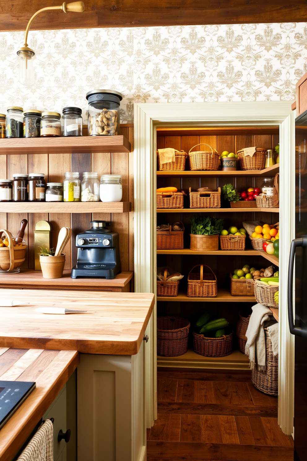 A rustic kitchen featuring a butcher block countertop that adds warmth and character to the space. The countertop is complemented by open shelving made of reclaimed wood, displaying an array of jars and kitchen essentials. A cozy pantry designed with rustic charm, showcasing wooden shelves filled with fresh produce and handmade baskets. The walls are adorned with vintage-inspired wallpaper, creating an inviting atmosphere for food storage and preparation.