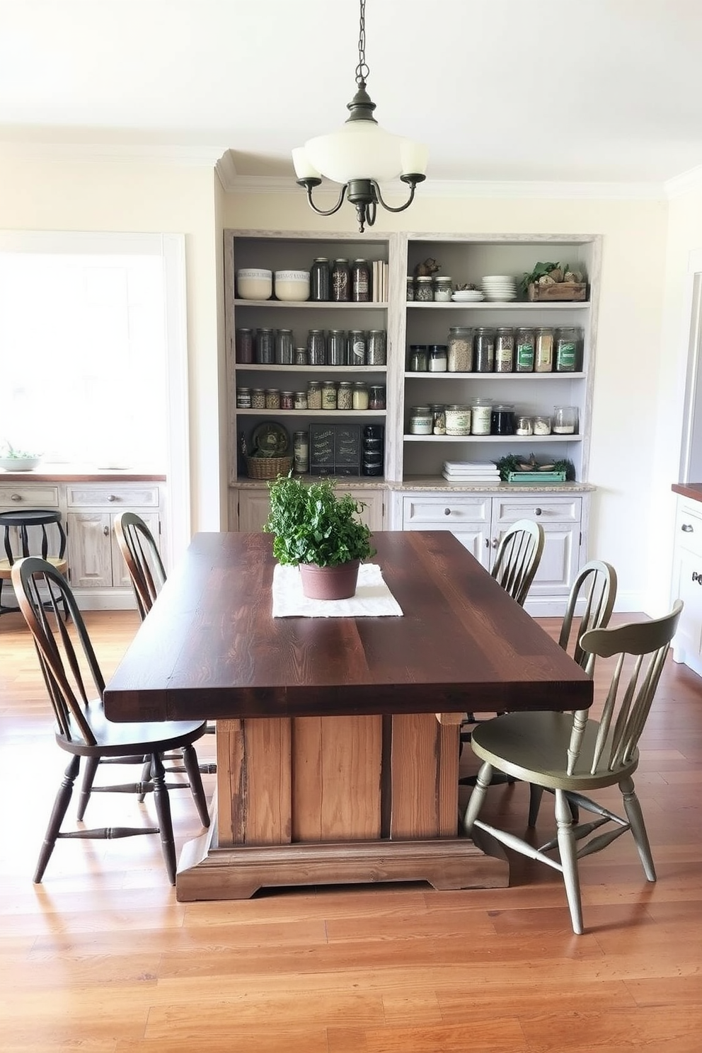 A spacious kitchen featuring a large farm-style table made of reclaimed wood, surrounded by mismatched vintage chairs. The table is adorned with a simple linen runner and a centerpiece of fresh herbs in a rustic pot. Adjacent to the table, a cozy pantry with open shelving made from distressed wood, showcasing an array of glass jars filled with grains and spices. The walls are painted in a soft cream color, and a farmhouse-style light fixture hangs above, illuminating the space.