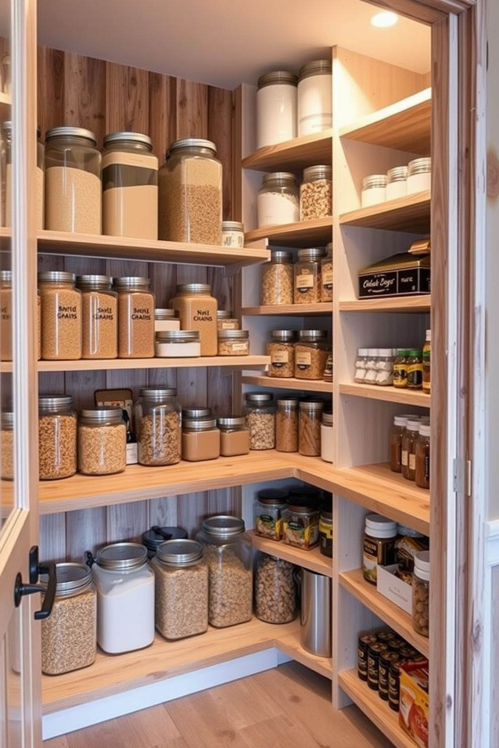 Open pantry layout for easy navigation. The shelves are organized with clear containers, displaying grains, spices, and snacks for a tidy appearance. Rustic pantry design ideas feature reclaimed wood shelves and vintage-style jars. Soft, warm lighting enhances the natural textures and creates an inviting atmosphere.