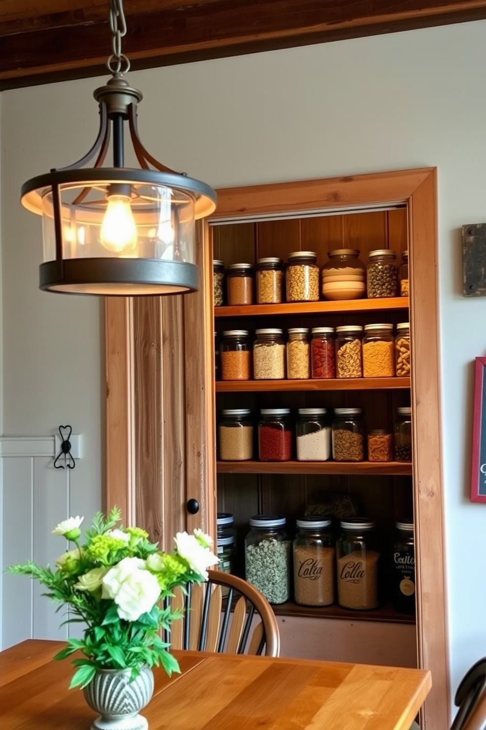 A cozy kitchen setting featuring rustic lighting fixtures that create a warm ambiance. The lights are made of wrought iron and have an antique finish, hanging gracefully above a wooden dining table. A charming pantry designed with rustic elements, showcasing open shelving made of reclaimed wood. The pantry is filled with glass jars of various sizes, displaying colorful dry goods and adding a touch of organization and style.