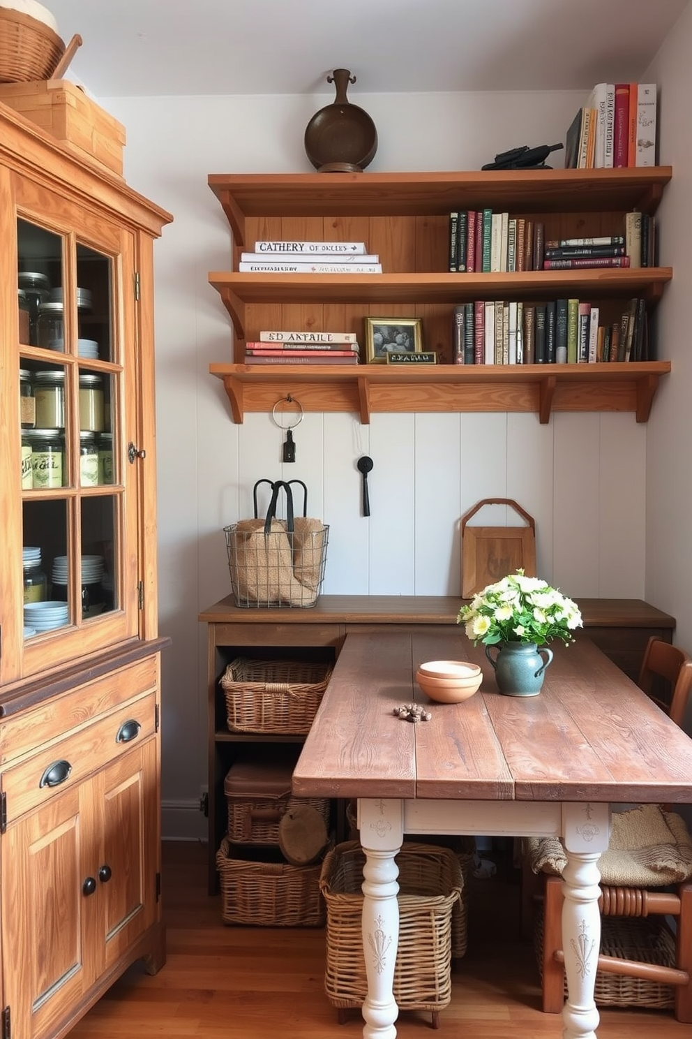 A rustic pantry featuring repurposed furniture that serves as storage. The space includes a vintage wooden cabinet with glass doors displaying jars of spices and grains. In the corner, an old farmhouse table is transformed into a practical workspace with baskets underneath for additional storage. Natural wood shelves above hold cookbooks and decorative items, enhancing the warm, inviting atmosphere.