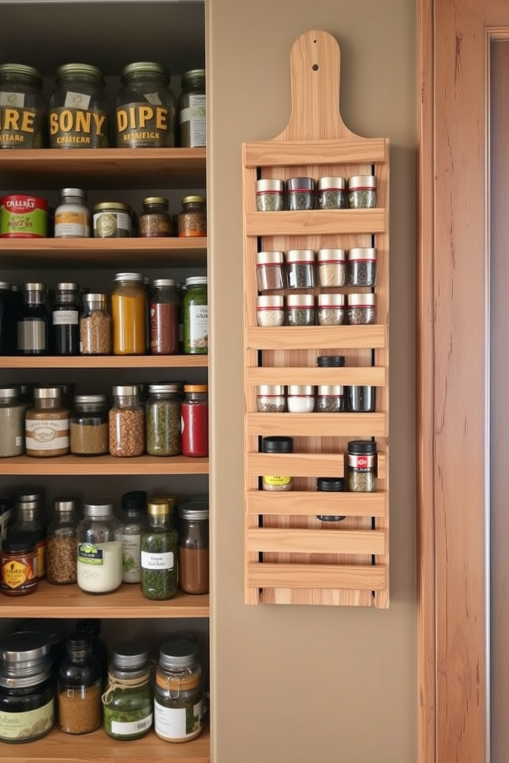 A wooden spice rack is mounted on the wall for easy access and organization. The rustic pantry features open shelving filled with jars of spices, herbs, and kitchen essentials.