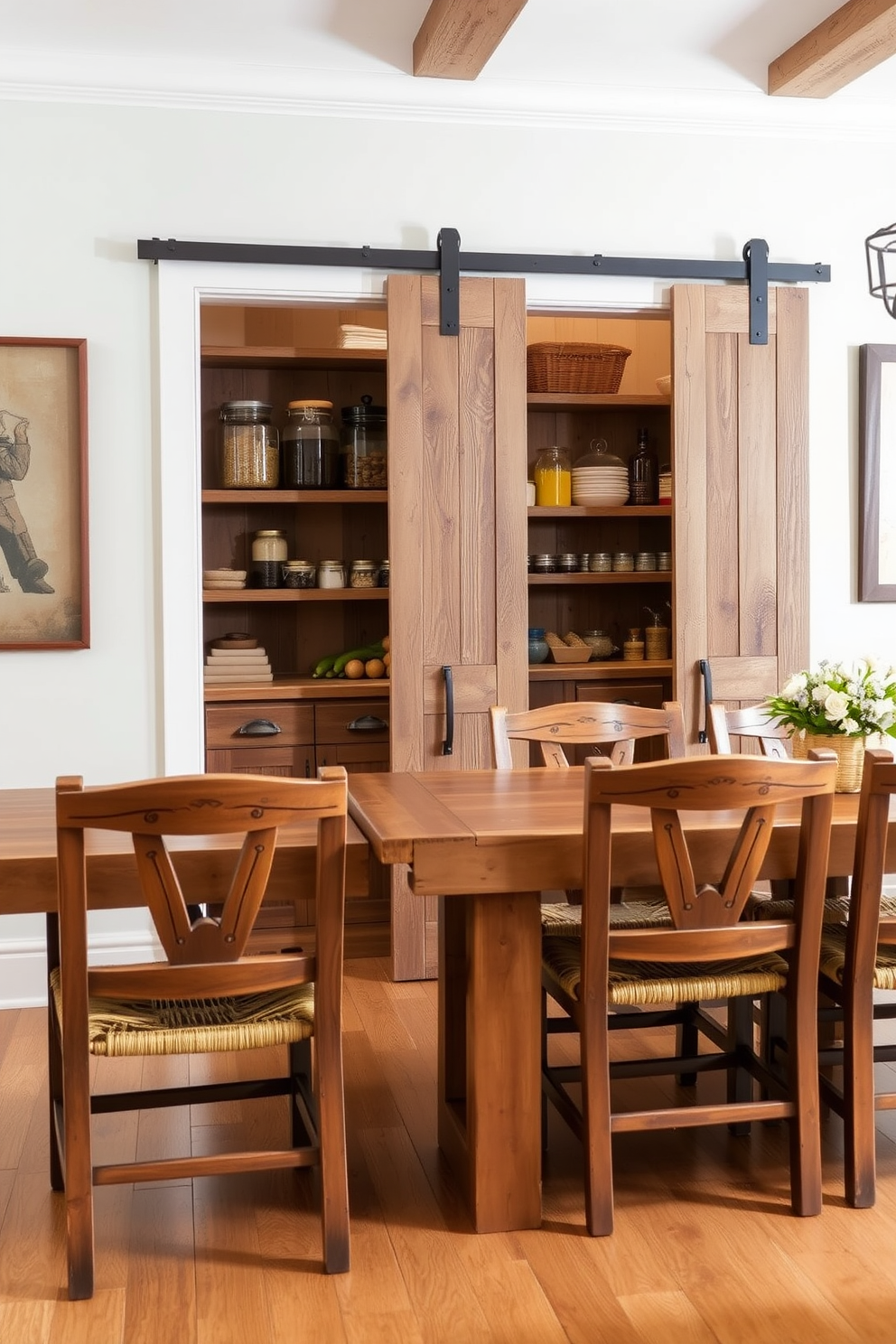 Country style dining chairs for seating create a warm and inviting atmosphere in the dining area. The chairs are made of reclaimed wood with a distressed finish and feature woven seats for added comfort. Rustic pantry design ideas incorporate open shelving made of rough-hewn timber to display jars and seasonal produce. A sliding barn door adds charm while maximizing space and providing easy access to pantry essentials.