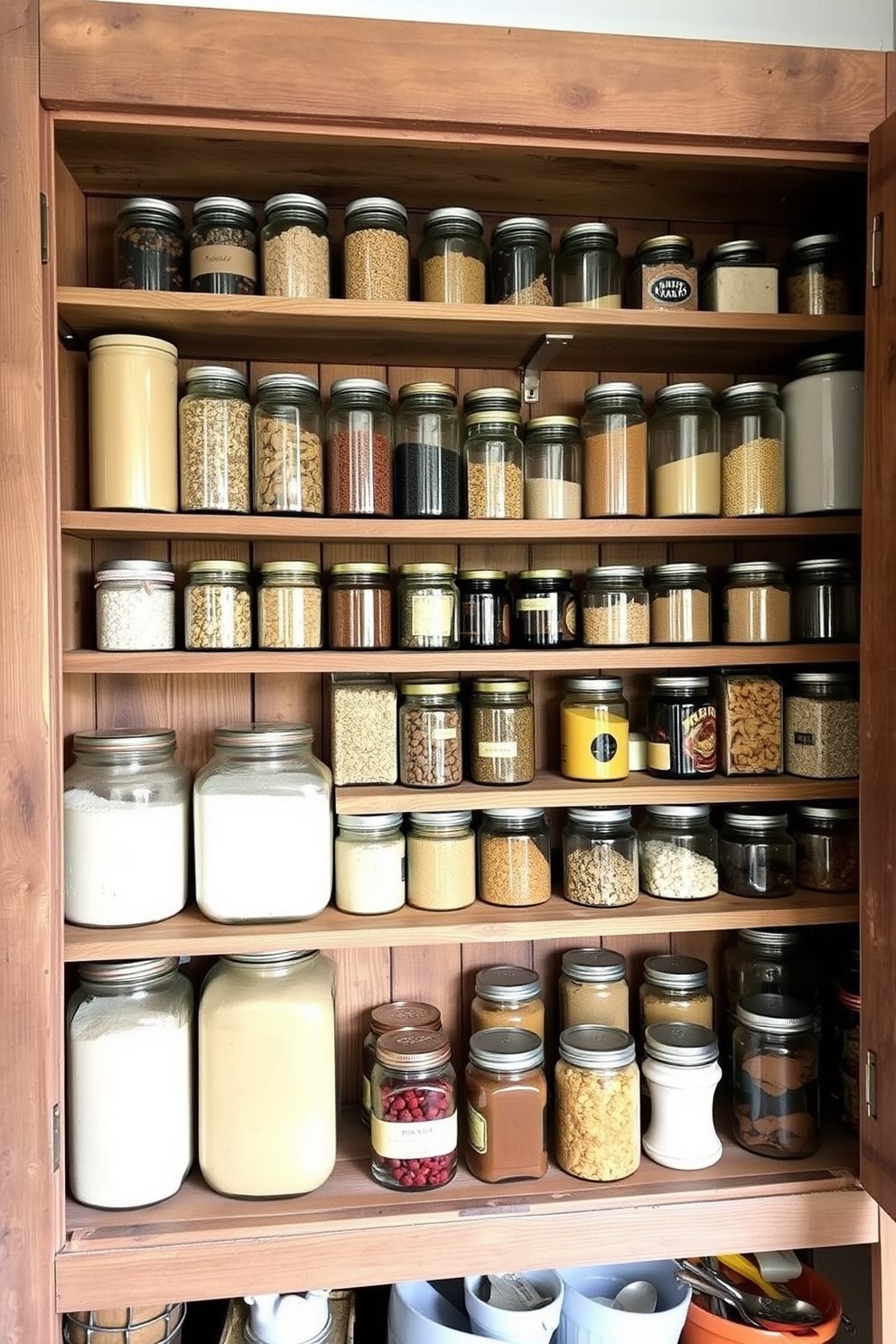 A rustic pantry filled with vintage jars for organized storage. The shelves are made of reclaimed wood, showcasing an array of glass jars filled with grains, spices, and preserves.