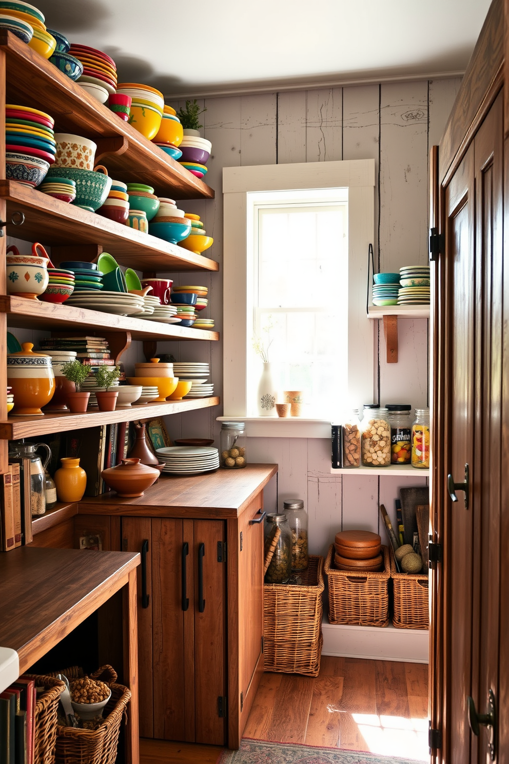 Colorful dishes are arranged artistically on open wooden shelves, showcasing a vibrant array of ceramics in various shapes and sizes. The shelves are adorned with decorative elements like small potted herbs and vintage cookbooks, creating a warm and inviting atmosphere. The rustic pantry features reclaimed wood cabinetry with a distressed finish, offering a charming and homey feel. Natural light pours in through a small window, illuminating the space and highlighting the organized jars and baskets filled with pantry staples.