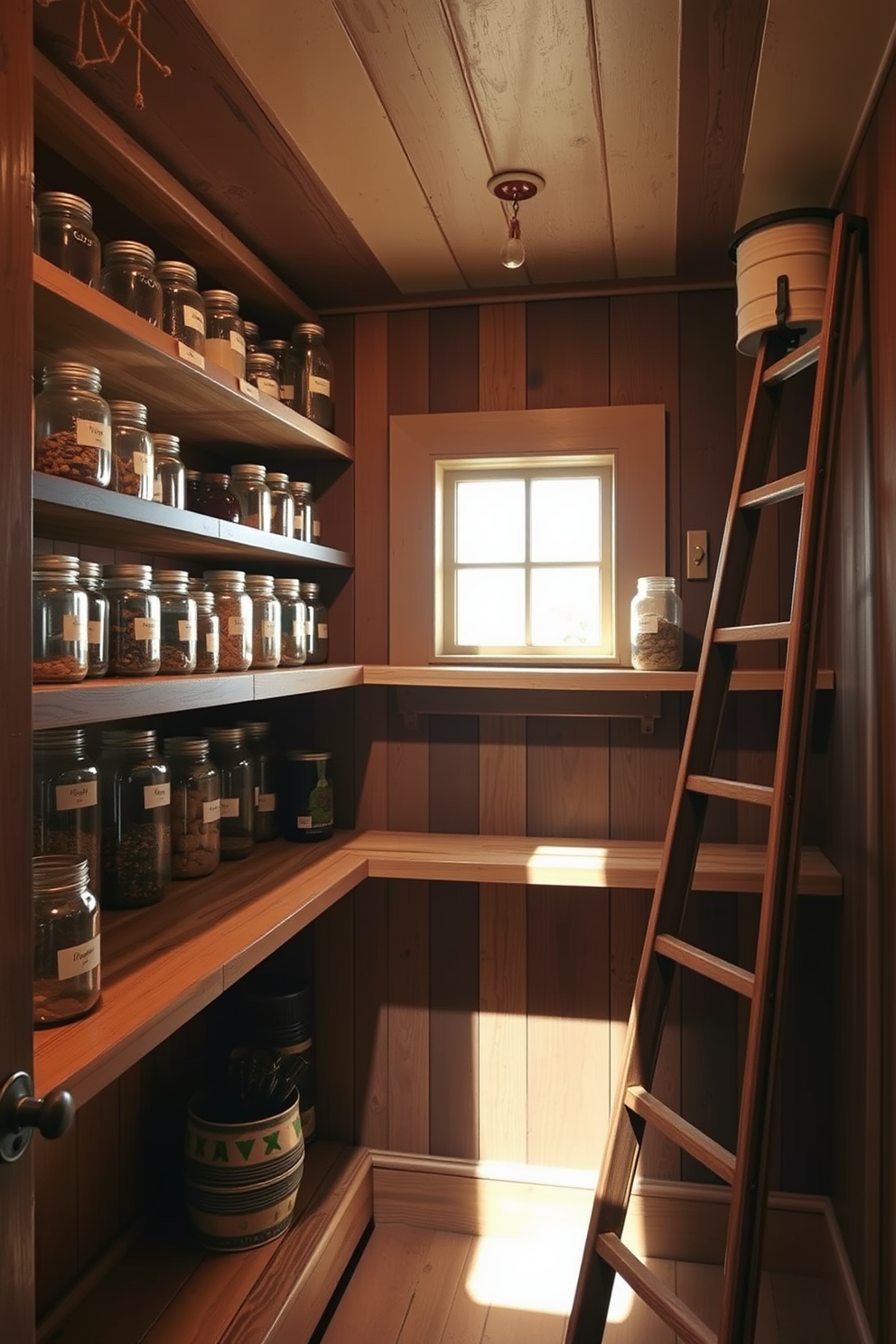 A rustic pantry design featuring mason jars for organization. The shelves are made of reclaimed wood and are filled with various sizes of mason jars, labeled for easy identification. Natural light streams in through a small window, illuminating the warm wood tones. A vintage ladder leans against the wall, adding charm and providing access to the higher shelves.