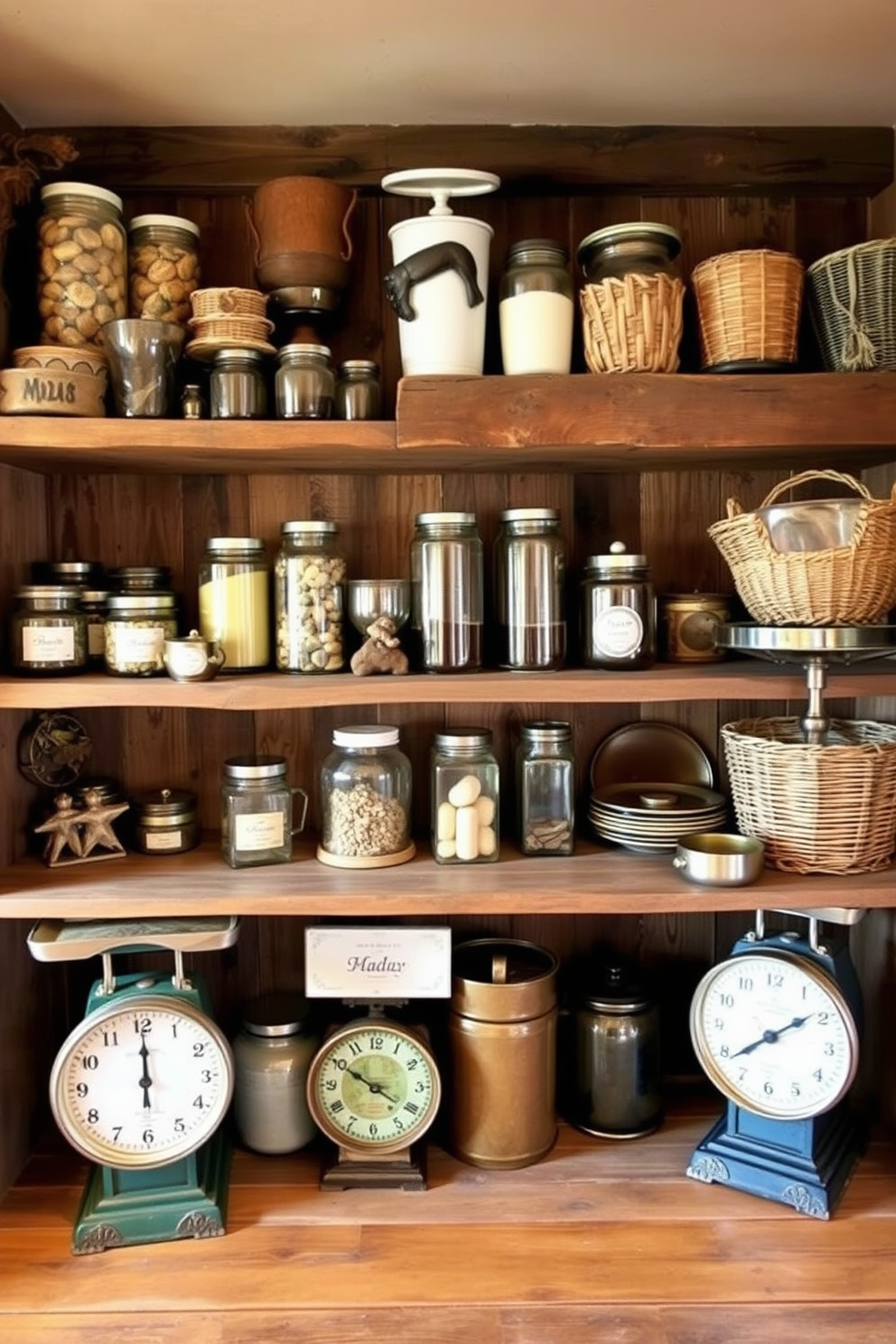 A rustic pantry filled with vintage scales used for decorative storage. The shelves are made of reclaimed wood, showcasing an array of jars and baskets, while the walls are adorned with warm earthy tones.