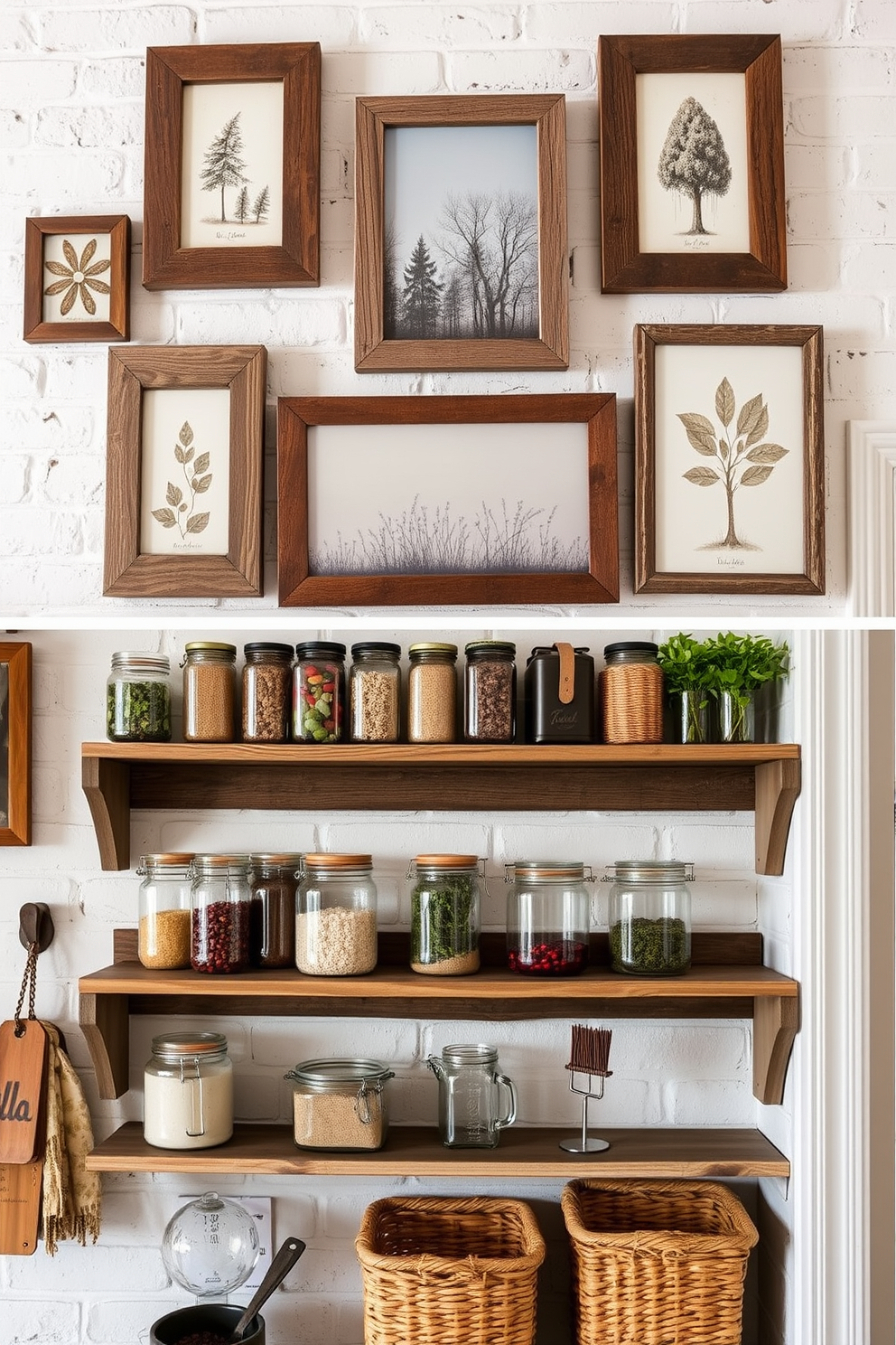 A collection of rustic wall art pieces featuring reclaimed wood frames and nature-inspired prints. The artwork is arranged in a gallery style on a textured white brick wall, adding warmth and character to the space. A cozy rustic pantry design showcasing open shelving made from distressed wood. The shelves are filled with glass jars of various sizes, displaying colorful ingredients and herbs, complemented by woven baskets for additional storage.