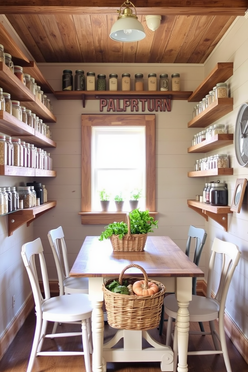 A rustic pantry design featuring reclaimed wood shelves that display an array of glass jars filled with grains and spices. The walls are adorned with shiplap, and a vintage farmhouse table sits in the center, surrounded by mismatched chairs. Natural light streams in through a small window, highlighting the warm tones of the wood and the soft greenery of potted herbs on the windowsill. A woven basket filled with fresh produce rests on the table, adding a touch of color and inviting warmth to the space.