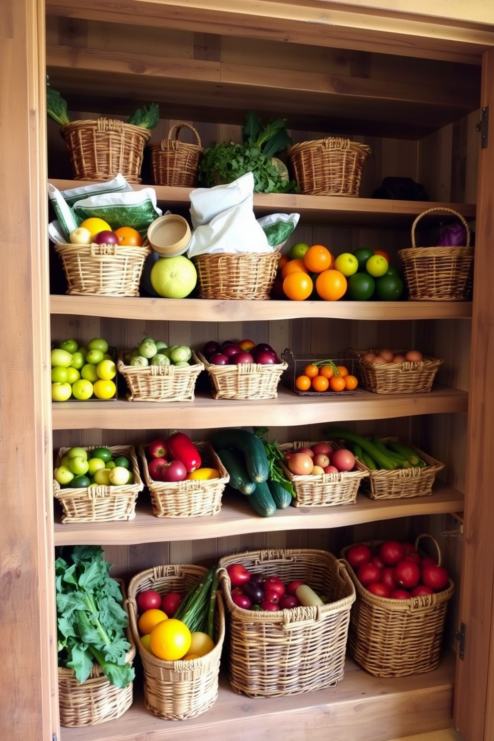 A charming farmhouse style dining table made of reclaimed wood sits in the center of a cozy pantry. Surrounding the table are mismatched wooden chairs, each with its own unique finish, creating an inviting atmosphere. The pantry features open shelving lined with vintage jars and baskets filled with fresh produce and dry goods. Soft, natural light filters through a window adorned with a simple linen curtain, enhancing the warm and rustic feel of the space.